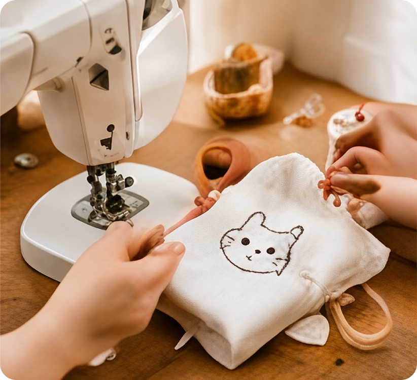 ミシンで猫モチーフの布小物を制作している様子